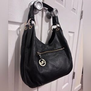 Michael Kors Black Pebbled Leather Hobo with Gold Hardware and MK Charm